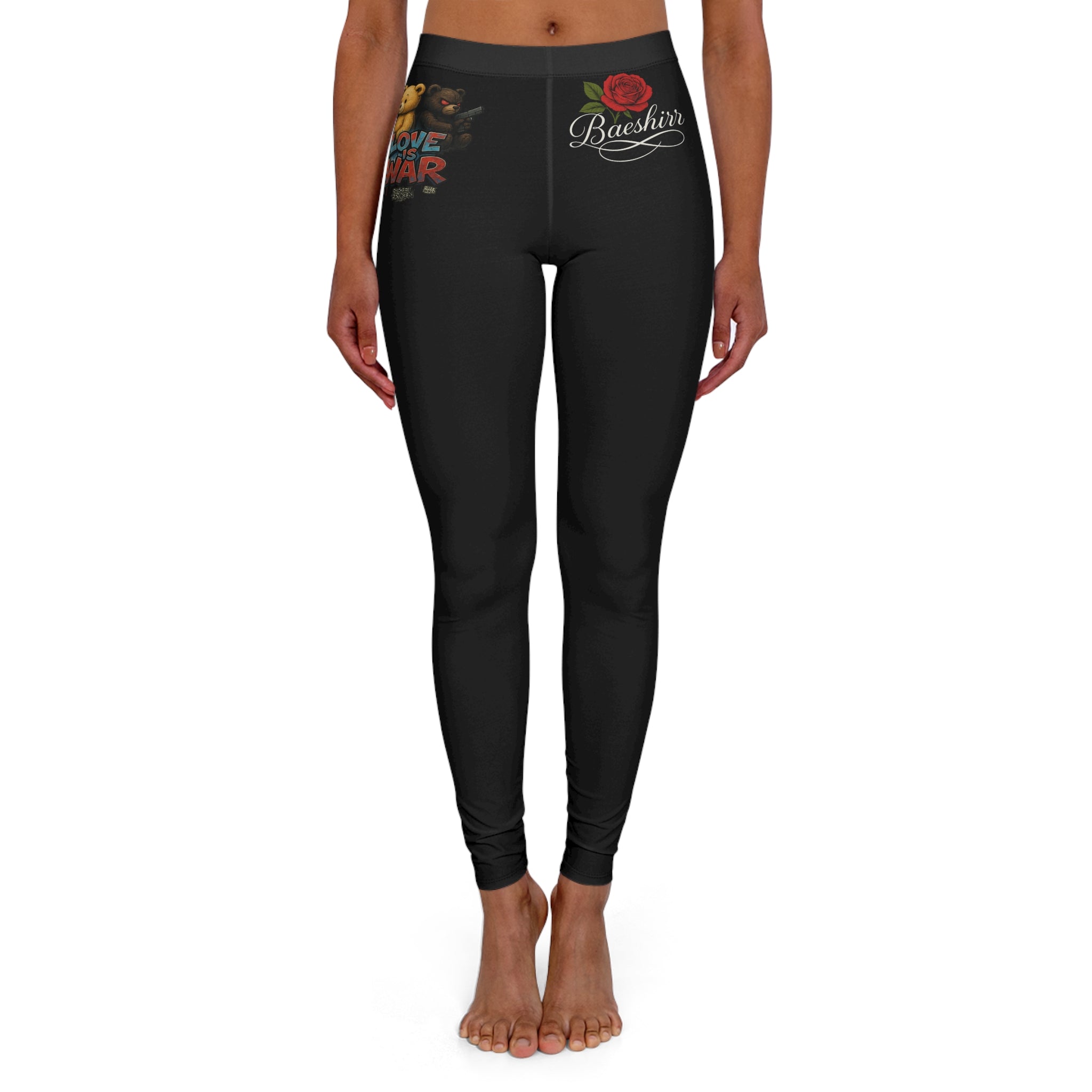 Black All-Over Print Women's Leggings — Subtle Floral & Script Accent