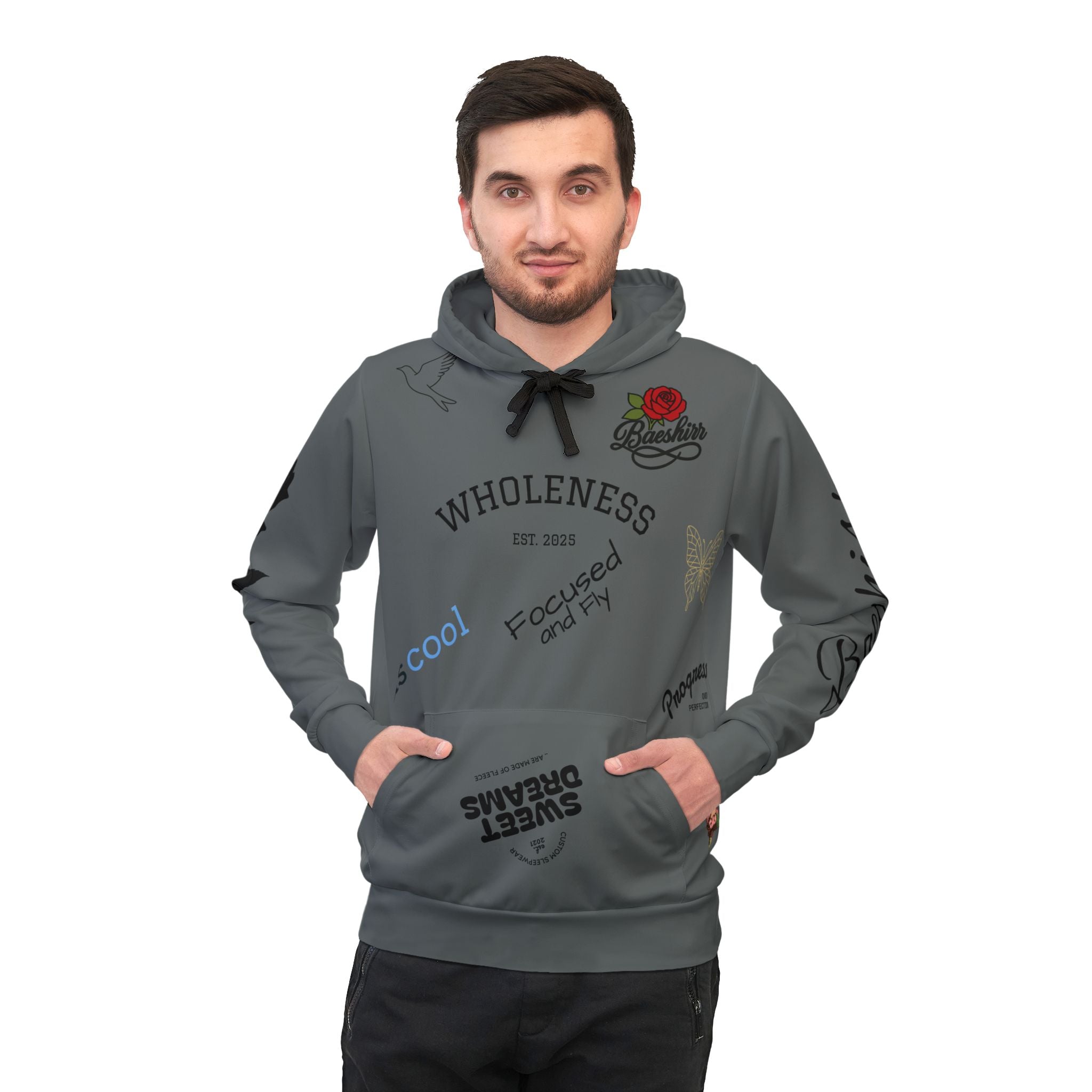 Graphic Athletic Hoodie — 'WHOLEWESS' Streetwear Hoodie with Rose, Butterfly & Playful Patches