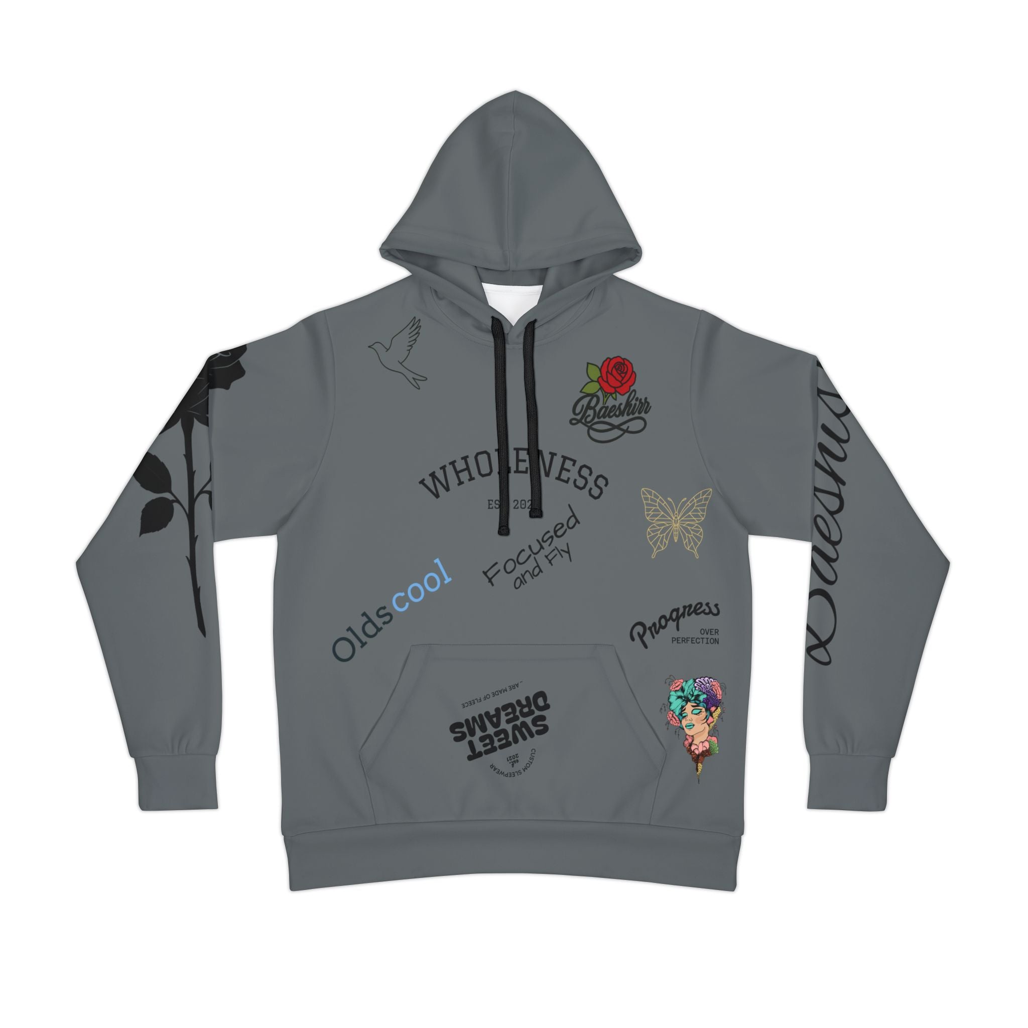 Graphic Athletic Hoodie — 'WHOLEWESS' Streetwear Hoodie with Rose, Butterfly & Playful Patches