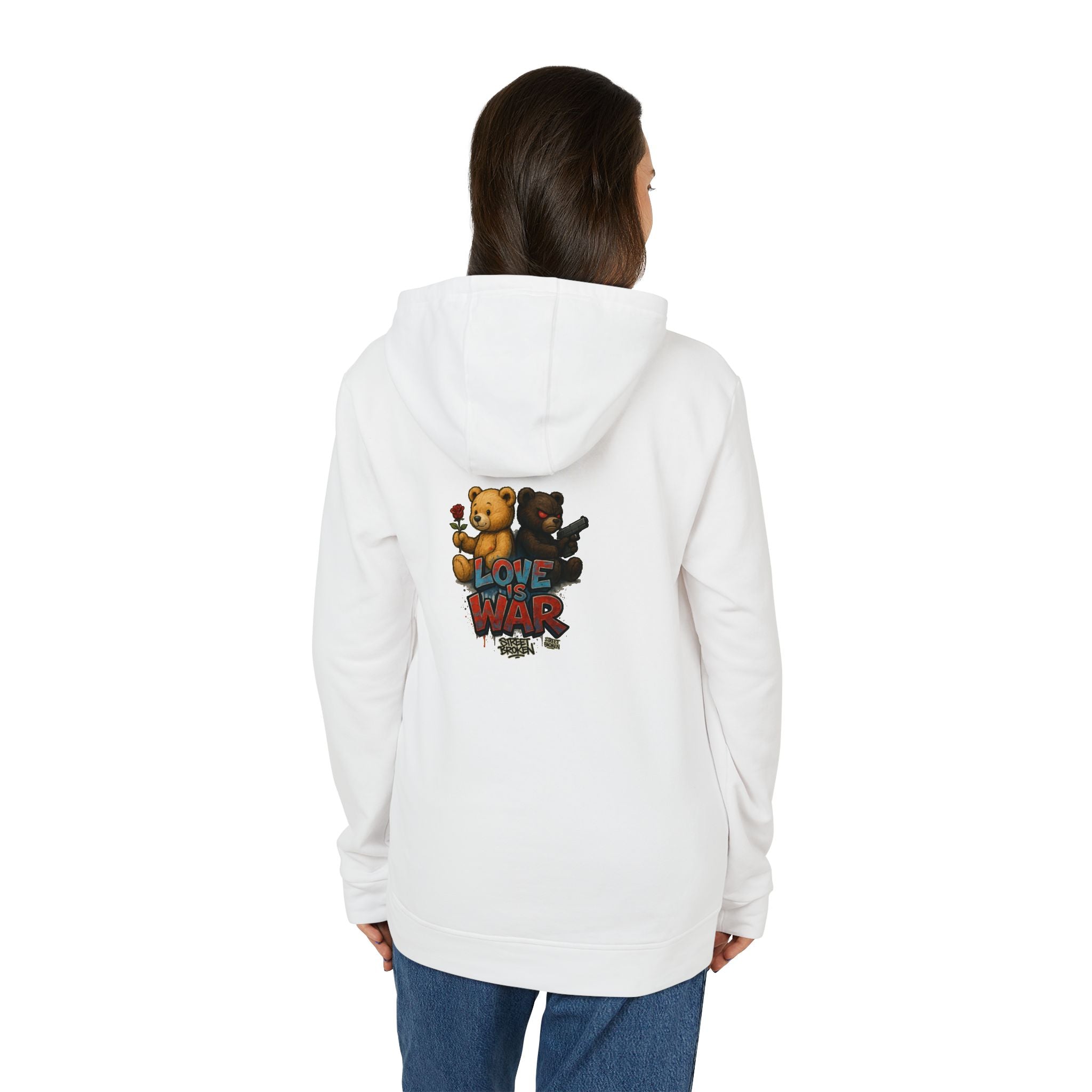 Love & War Teddy Graphic Hoodie — White Fleece Pullover